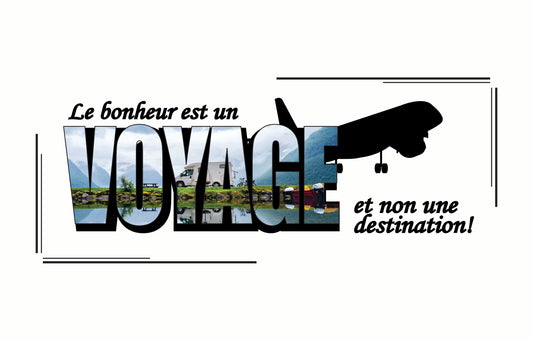 Artistique illustration de la citation 'Le bonheur est un VOYAGE et non une destination!' avec image de voyage personnalisable.
