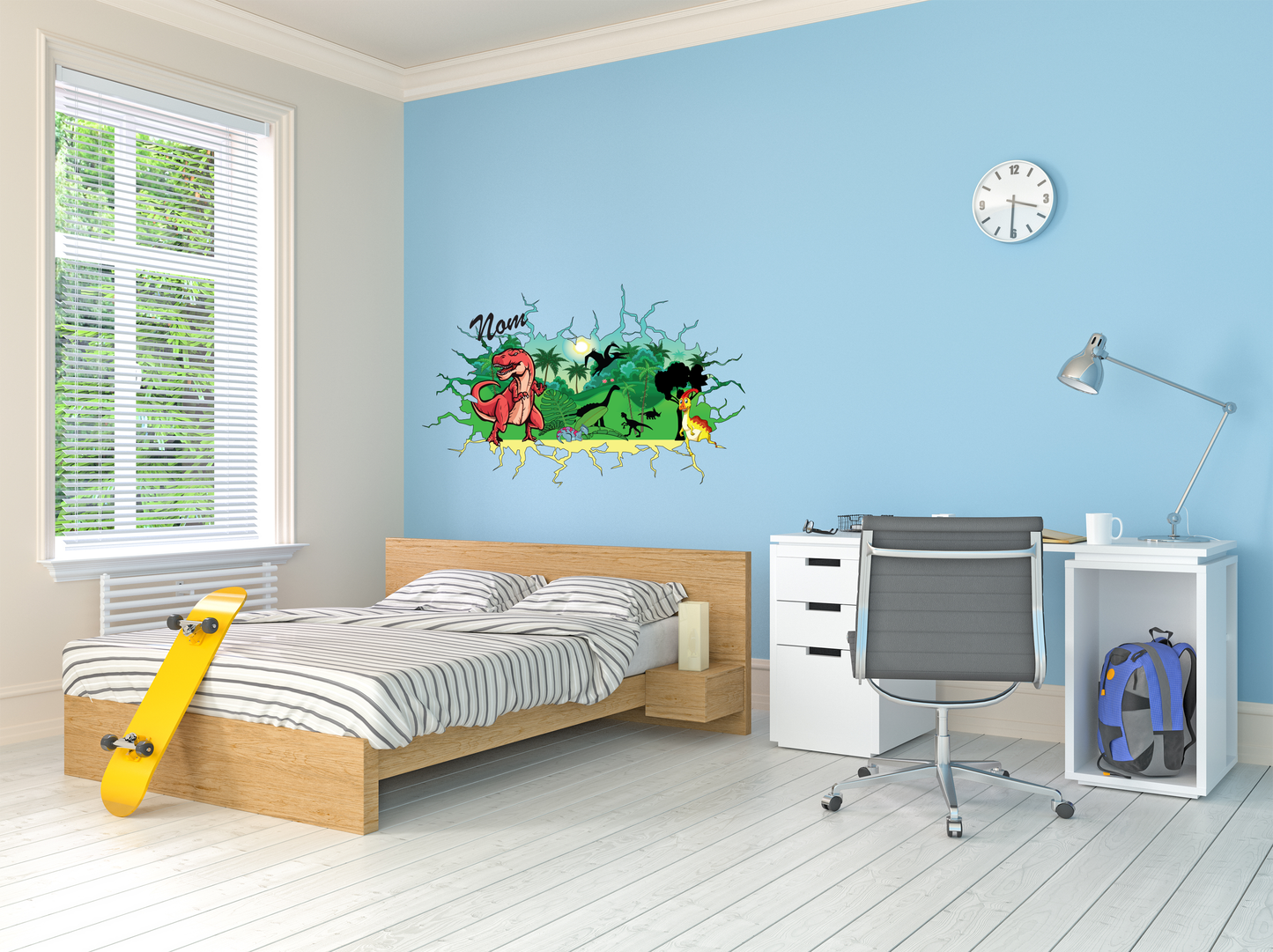 Colorful dinosaur wall art personalized for kids’ bedroom, customizable with name and styles, bright and playful decor.