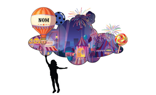 Fête foraine coloré avec mongolfière. Personnalisable avec le nom et les couleurs