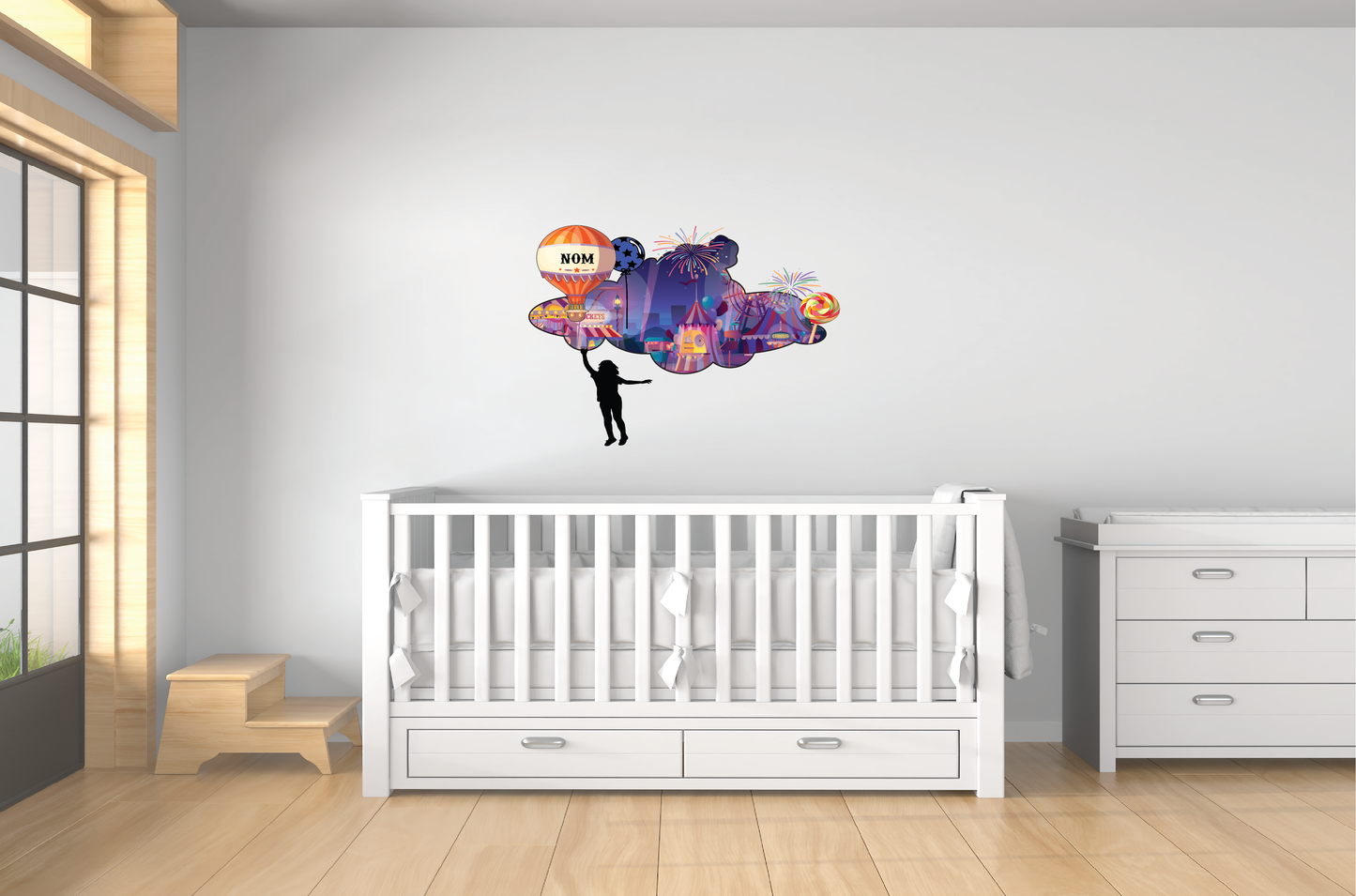 Chambre d'enfant avec autocollant fête foraine coloré et personnalisable