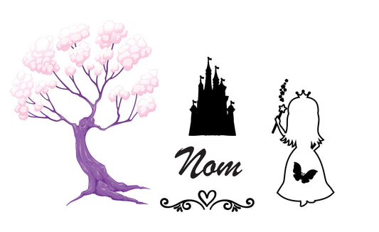 Theme princesse avec arbre et château, personalisable pour le nom et les couleur